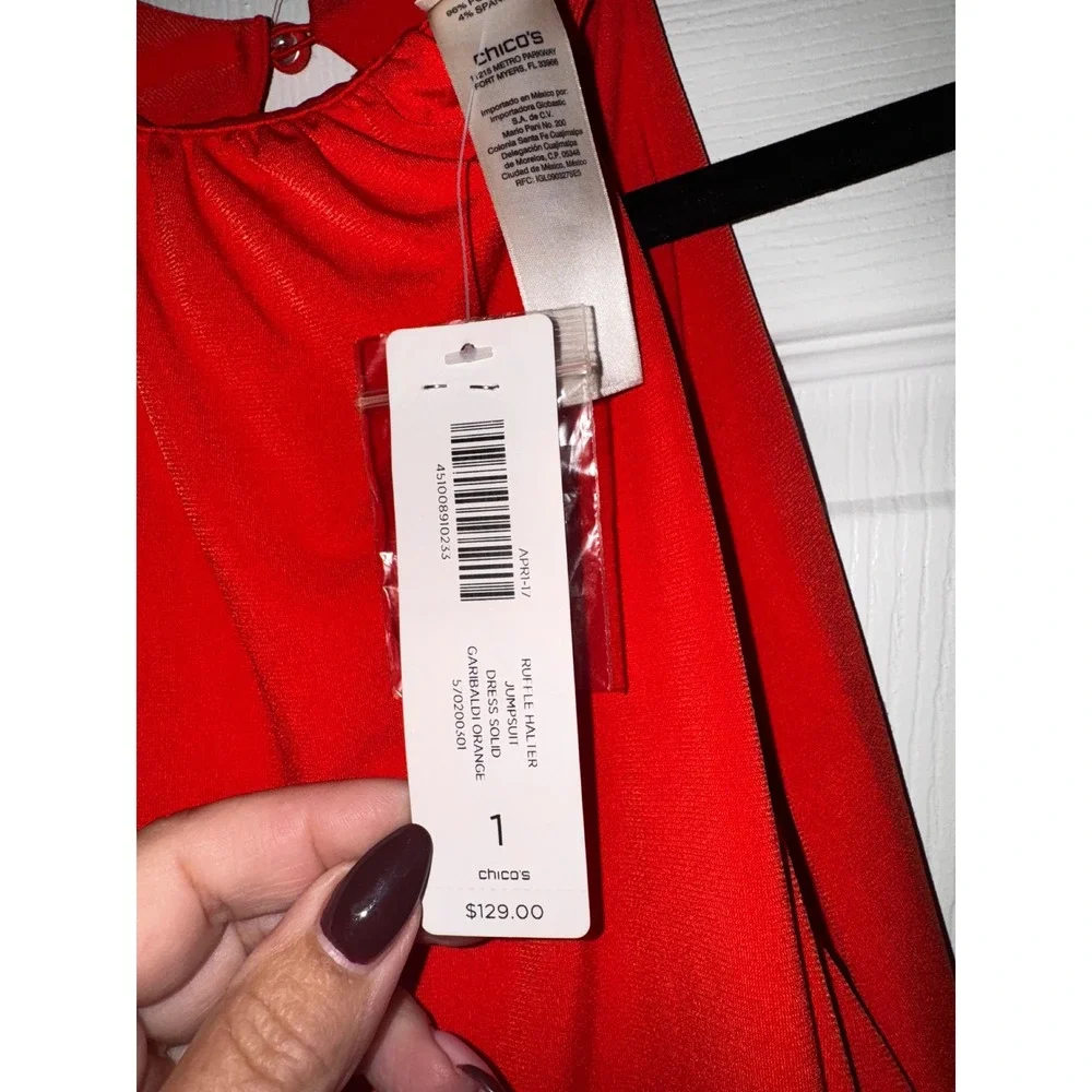 Chico's Red Halter Neck Overlay‎ Jumpsuit Wide Leg Size 1 NWT - Picture 5 of 11
